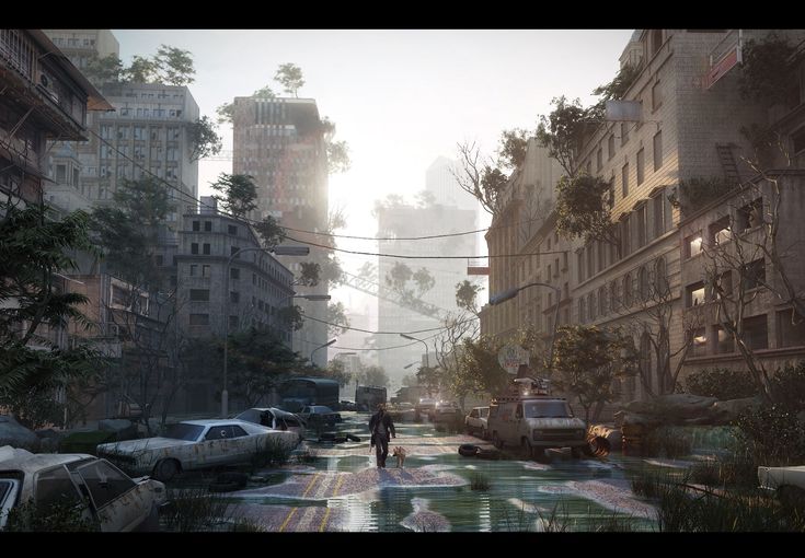 a man walking down a street next to parked cars and tall buildings in the background