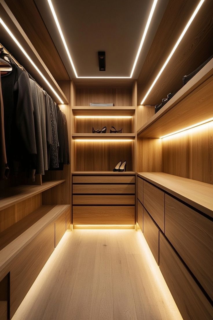 a walk - in closet with wooden shelves and lighting on the ceiling is lit by recessed lights