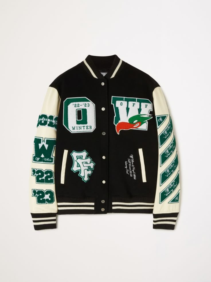 Shop black/white emerald green wool leather all-over motif embroidery stripe trim baseball collar front press-stud fastening long sleeves ribbed trim two front welt pockets Styling Varsity Jacket Women, God 2024, Motif Embroidery, Leather Varsity Jackets, College Jackets, Off-white Logo, Drifting Cars, Varsity Jackets, Black Patch