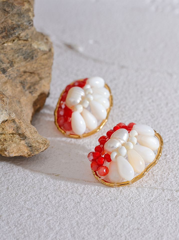 Crystal Natural Shell Pearls Handmade Red Geometric Stud Earrings | LABONNI Shell-shaped Pearl Earrings For Gift, Shell Shaped Pearl Earrings For Gift, Pearl Shell Earrings For Gift, Pearl Shell Earrings Perfect For Gifts, Red Pearl Earrings For Party, Shell-shaped Pearl Earrings Gift, Pearl Shell-shaped Earrings As Gift, Pearl Shell-shaped Earrings For Gift, Pearl Earrings With Shell Shape For Gift