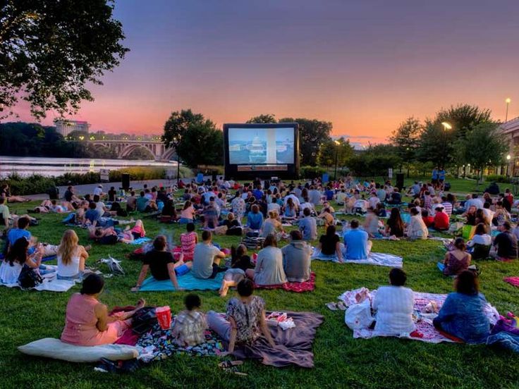 people are sitting on the grass watching a movie at sunset or dawn in a public park