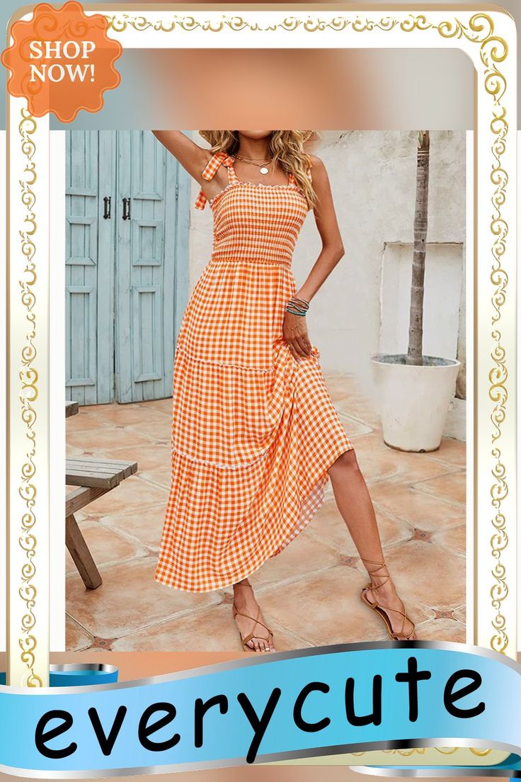 Orange Smocked Bohemia Plaid Print Tiered Maxi Dress Casual Ruched Maxi Dress For Beach Season, Casual Ruched Sundress For Vacation, Casual Smocked Summer Dress For Day Out, Orange Summer Dress For Picnic, Orange Summer Picnic Dress, Casual Smocked Beach Dress, Spring Smock Dresses For Picnic, Casual Beach Season Dress With Smocked Bodice, Bohemian Ruched Sundress For Summer