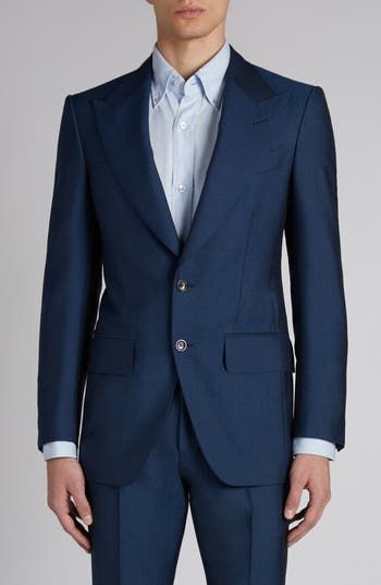 The label's impeccable tailoring shines through on this suit cut from a wool-mohair blend with an iridescent sheen and finished with mother-of-pearl buttons. Jacket has peaked lapels; five-button cuffs; chest welt pocket; front flap pockets; ticket pocket; back vent Pants have zip fly with hook-and-bar closure; adjustable waist tabs; front slant pockets; back button-welt pockets Jacket is lined 70% wool, 30% mohair Dry clean Made in Italy Designer Clothing Tailored Silk Suits With Lapel Collar, Single Breasted Tailored Silk Suits, Luxury Wool Three-piece Suit For Wedding, Luxury Single Breasted Three-piece Suit For Tailoring, Luxury Wool Three-piece Suit With Single Button, Luxury Single Button Three-piece Wool Suit, Luxury Silk Suits With Lapel Collar, Luxury Three-piece Suit With Lapel Collar, Designer Silk Suit With Lapel Collar