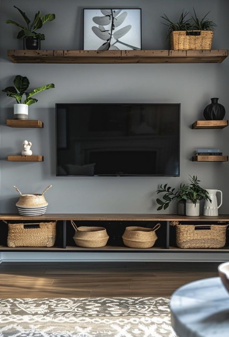 a flat screen tv sitting on top of a wooden shelf next to baskets filled with plants