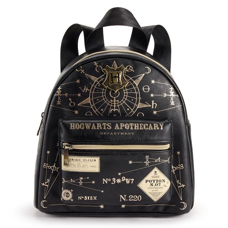 a harry potter backpack with hogwart's apothecary on the front