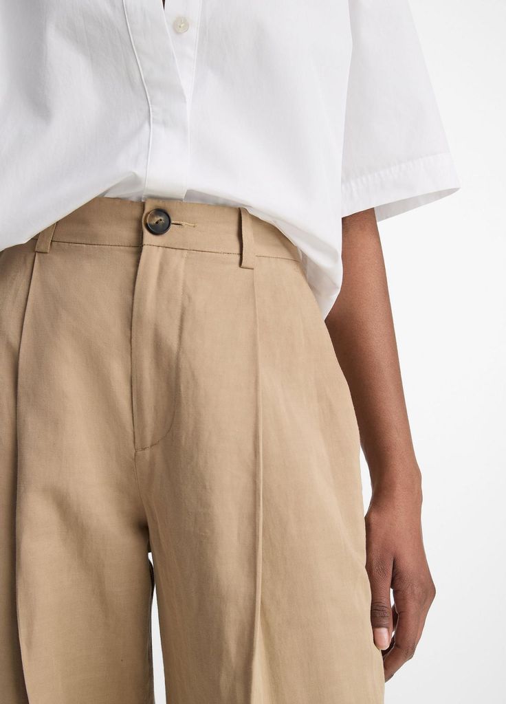 Designed to sit high on the waist, our wide-leg pant nods to menswear with traditional trouser details. It's crafted from a plain-weave blend featuring cotton and linen for lightweight comfort throughout summer and into fall. Summer Wide Leg Chinos With Welt Pockets, Summer Chinos With Wide Leg And Welt Pockets, Classic Wide Leg Pants With Relaxed Fit, Classic Cotton Wide Leg Pants, Summer Cotton Wide Leg Work Pants, Classic Cotton Wide Leg Pants With Relaxed Fit, Classic Cotton Wide Leg Pants With Welt Pockets, Modern Linen Wide Leg Pants For Workwear, Classic Wide-leg Cotton Pants