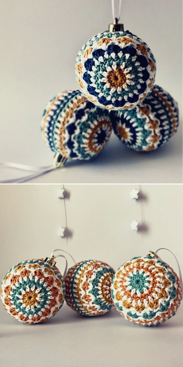 some ornaments are hanging on the wall and one is made out of crocheted yarn