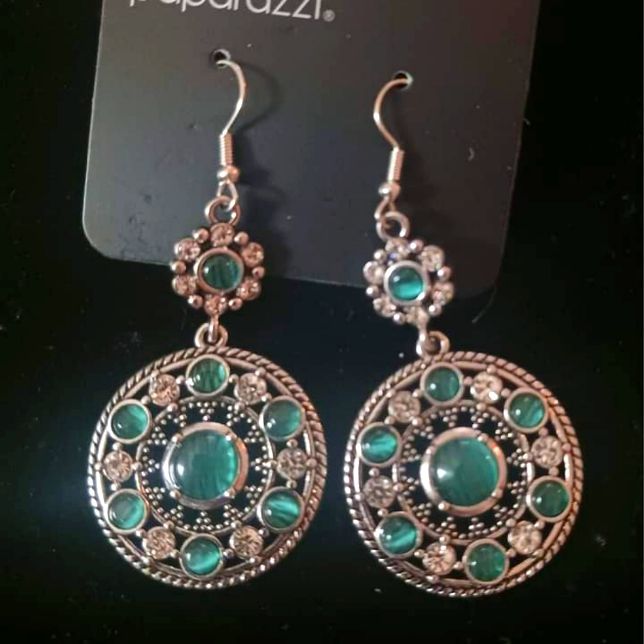 Paparazzi Earrings Silver With Green Elegant Pierced Jewelry For Summer, Nickel Free Round Earrings For Party, Nickel-free Round Earrings For Party, Elegant Summer Jewelry, Summer Party Jewelry For Pierced, Summer Party Jewelry For Pierced Ears, Elegant Summer Jewelry Nickel Free, Elegant Nickel-free Summer Jewelry, Silver Bling Earrings