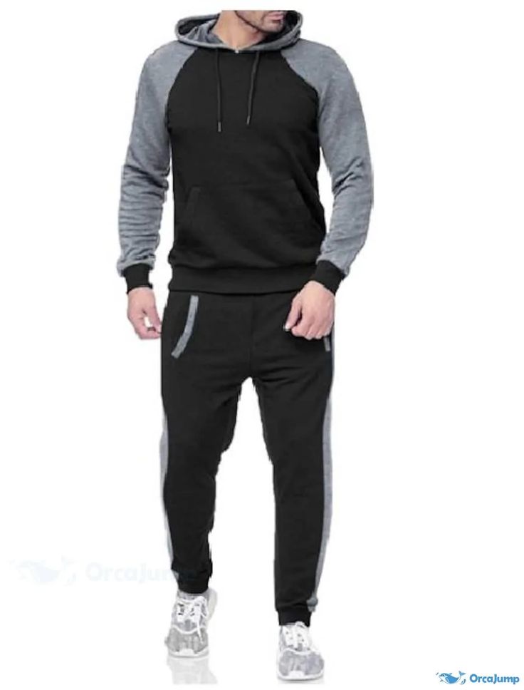 OrcaJump - Mens Winter Hoodie Sweatshirt in Light Grey, Dark Blue, Army Green and Black Black Hooded Tracksuit For Gym, Black Hooded Tracksuit For Winter, Black Long Sleeve Tracksuit With Pockets, Black Hooded Winter Tracksuit, Black Sports Hoodie With Pockets, Black Sports Sweatshirt With Pockets, Black Fleece Tracksuit With Pockets, Black Cotton Tracksuit With Pockets, Black Winter Tracksuit For Gym