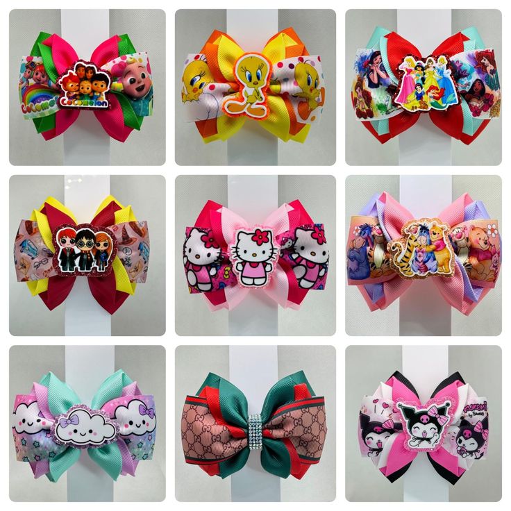 *Handmade hair bows🎀  *Bow is approximately 4"x 3.5" *Made with ribbon grosgrain and alligator clip. Disney Ribbon Hair Bows, Hair Bow Instructions Beautiful Bows Boutique, Boutique Hair Bow Tutorial, Fancy Hair Bows, Character Hair Bows, Funky Bow, Unique Hair Bows, Hair Bow Tutorial, Cartoon Hair