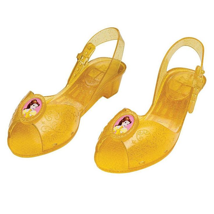 a pair of yellow children's shoes with an image of princess on the heel