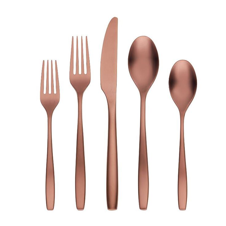 a set of five forks, spoons and knives in rose gold color on a white background