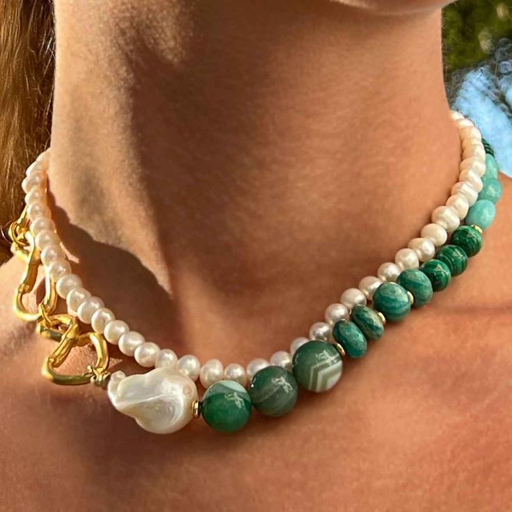 The Georgina Choker is an artful pairing of casual chain links and earthy semi-precious stones. Joined together by a baroque freshwater pearl, this is a statement necklace you can wear for a myriad of occasions. Bohemian Baroque Pearl Chain Necklace, Elegant Green Baroque Pearl Necklace, Pearl Jewelry With Chunky Chain For Gift, Elegant Pearl Necklace With Natural Stones, Semi Precious Beads, Chain Links, Colorful Jewelry, Semi Precious Stones, 22k Gold