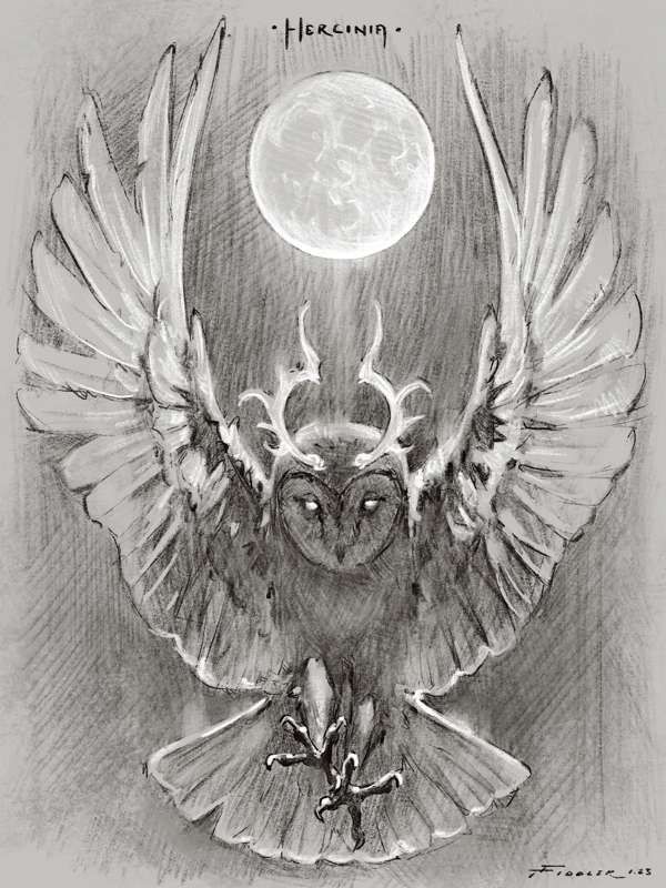 an owl with its wings spread out and the moon in the sky above it is drawn by