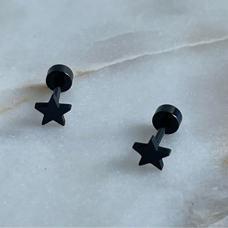 Cute Set Of Star Stud Earrings. These Have A Comfortable And Secure Screw-On Flatback Making Them Exceptionally Comfortable To Wear. Check Out My Other Flatback Earrings And Bundle To Save 20%! Message Me With Any Questions! Black Star Stud Earrings, Black Star Earrings, Black Star Shaped Earrings As Gift, Trendy Black Star-shaped Jewelry, Black Star-shaped Earrings For Pierced Ears, Black Star Charm Earrings, Black Earrings Studs, Flatback Earrings, Concert Clothes