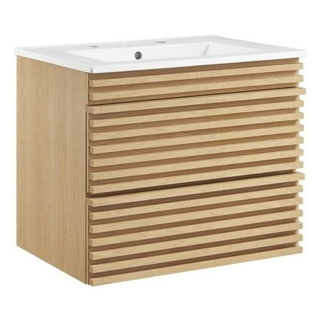 a wooden cabinet with a white sink and drawers on it's front side, against a white background