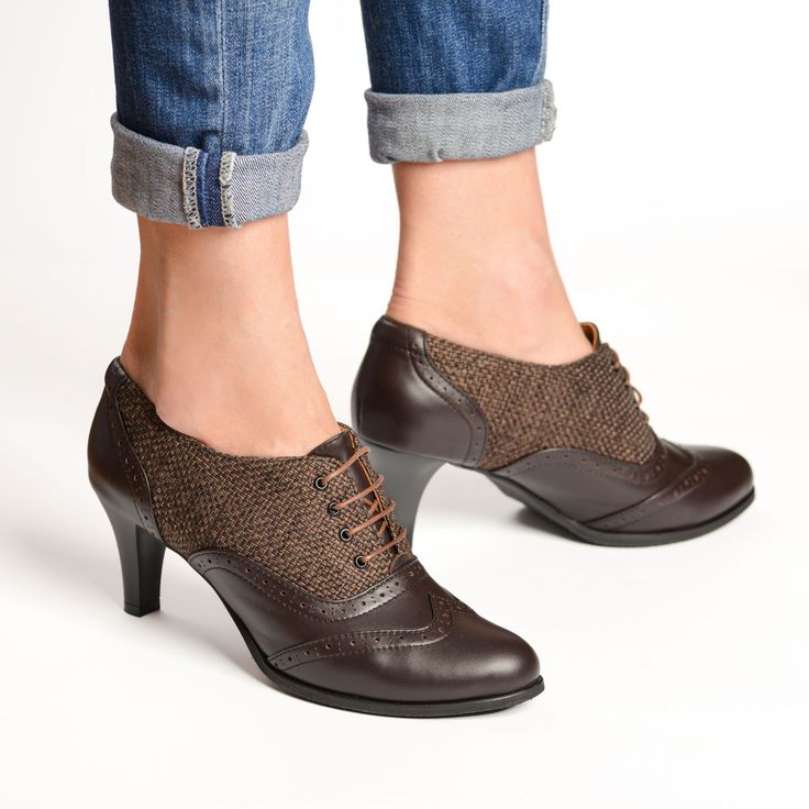 Crafted from dark brown leather with canvas accents, these oxfords offer a unique twist on a classic style. The kitten heel provides a subtle lift while ensuring all-day wearability, perfect for both professional and casual settings. Featuring rounded almond toes for a sleek and elegant look, and adorned with delicate brogue detailing, these oxfords exude timeless charm and refinement.  PRODUCT INFO: Premium leather upper and canvas Ultra smooth nappa leather lining Non-slip recycled rubber outs Brown Round Toe Court Shoes For Office, Brown Brogue Lace-up Shoes For Office, Brown Lace-up Shoes For Formal Fall Occasions, Retro Brown Leather Lace-up Shoes, Brown Court Shoes For Office In Fall, Fall Fitted Lace-up Leather Shoes, Brown Heels For Business In Fall, Brown Court Shoes With Reinforced Heel For Fall, Fitted Wingtip Leather Shoes For Fall