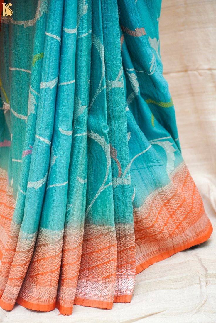 Blue Pure Tussar Silk Handwoven Banarasi Saree - Khinkhwab Fusion Style Silk Pre-draped Saree With Traditional Drape, Fusion Style Pre-draped Saree With Pallu, Fusion Style Silk Pre-draped Saree With Cutdana, Fusion Style Pre-draped Saree With Traditional Drape, Fusion Style Silk Pre-draped Saree, Silk Fusion Blouse Piece With Traditional Drape, Fusion Style Pre-draped Saree With Zari Work, Fusion Style Silk Saree With Dupatta, Fusion Silk Pre-draped Saree With Dupatta