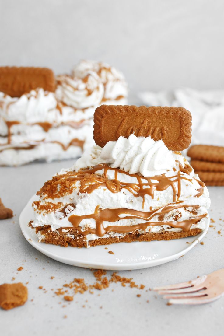 a piece of cake with whipped cream and caramel drizzled on top