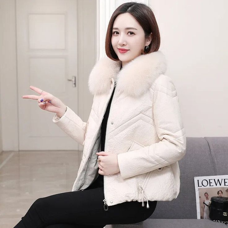 Women’s Genuine Leather Down Fox Fur Collar Real Leather Sheepskin Winter Coat  -  GeraldBlack.com Chic Winter Fur Coat With Zipper Closure, Beige Outerwear With Faux Fur Lining, Winter White Outerwear With Zipper For Cold Weather, Beige Winter Outerwear With Zipper Closure, Winter Long Sleeve Fur Coat With Zipper, Chic Winter Outerwear With Zipper Closure, Mens Down Jacket, Coat White, Real Leather Jacket