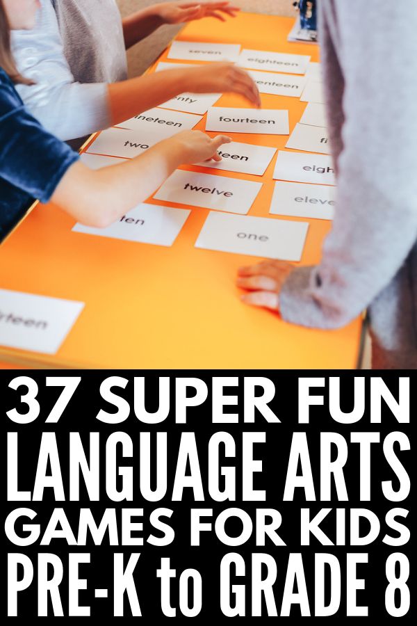 kids are sitting at a table with their hands on the letters and numbers that read 37 super fun language arts games for kids pre - k to grade 8