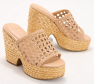 Stand tall and stylish in these heeled mules that showcase a breezy caged design. They are the perfect foundation for a flowy maxi dress or to add a lift to your favorite denims. From Marc Fisher LTD. Chic High Heel Mules With Woven Sole, Summer Sandals With Open Weave, Chic Summer Wedge Sandals With Stacked Heel, Spring Stacked Heel Sandals For Beach, Spring Beach Heels With Stacked Heel, Spring Wedge Sandals With Wrapped Block Heel, Spring Wedge Sandals With Stacked Block Heel, Casual Sandals With Reinforced Heel For Summer, Chic Summer Heels With Woven Sole