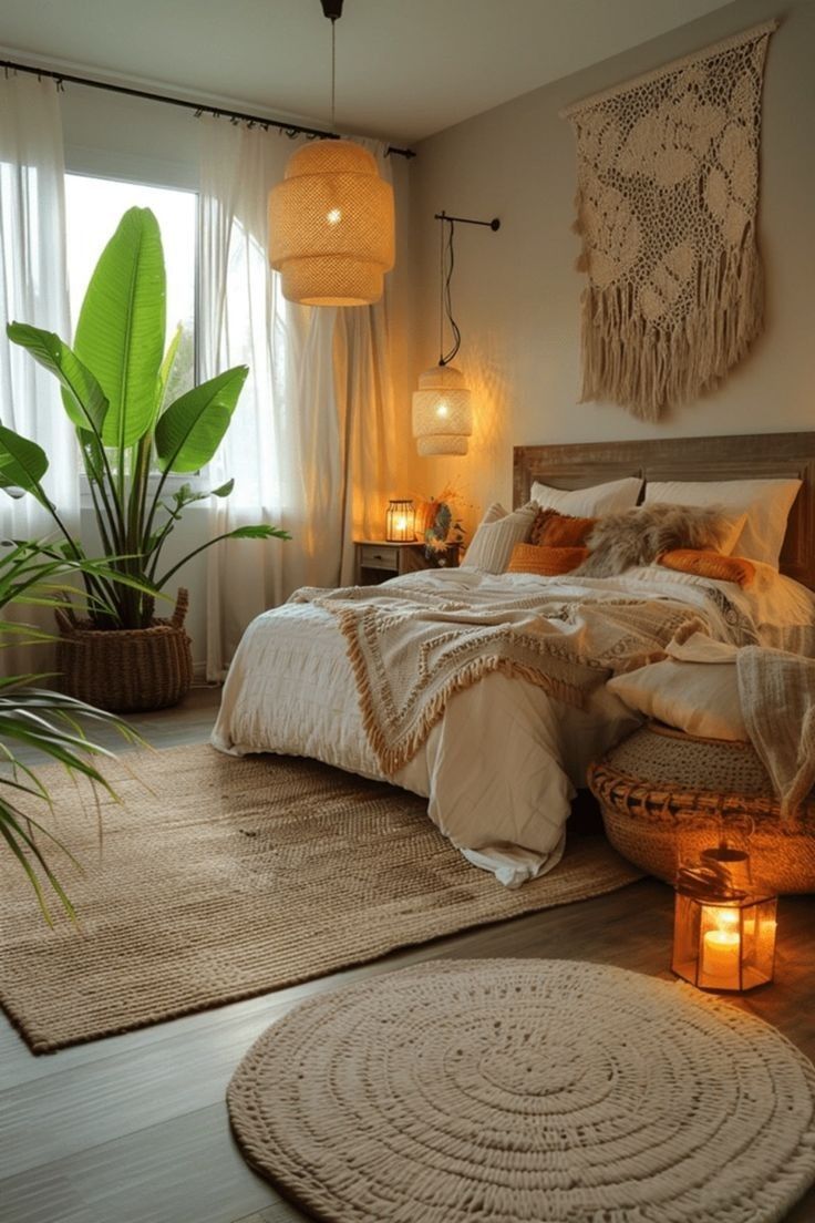 Boho Beauty Room Ideas, Queen Size Bedroom Ideas Cozy, Boho Cottagecore Bedroom, Tulum Bedroom, Natural Light Bedroom, Boho Bed Set, Fun Bedroom Ideas, Bedroom Mood Lighting, Woods House