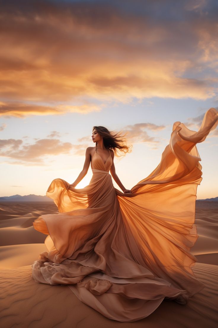 a woman in a long dress standing on top of a sand dune