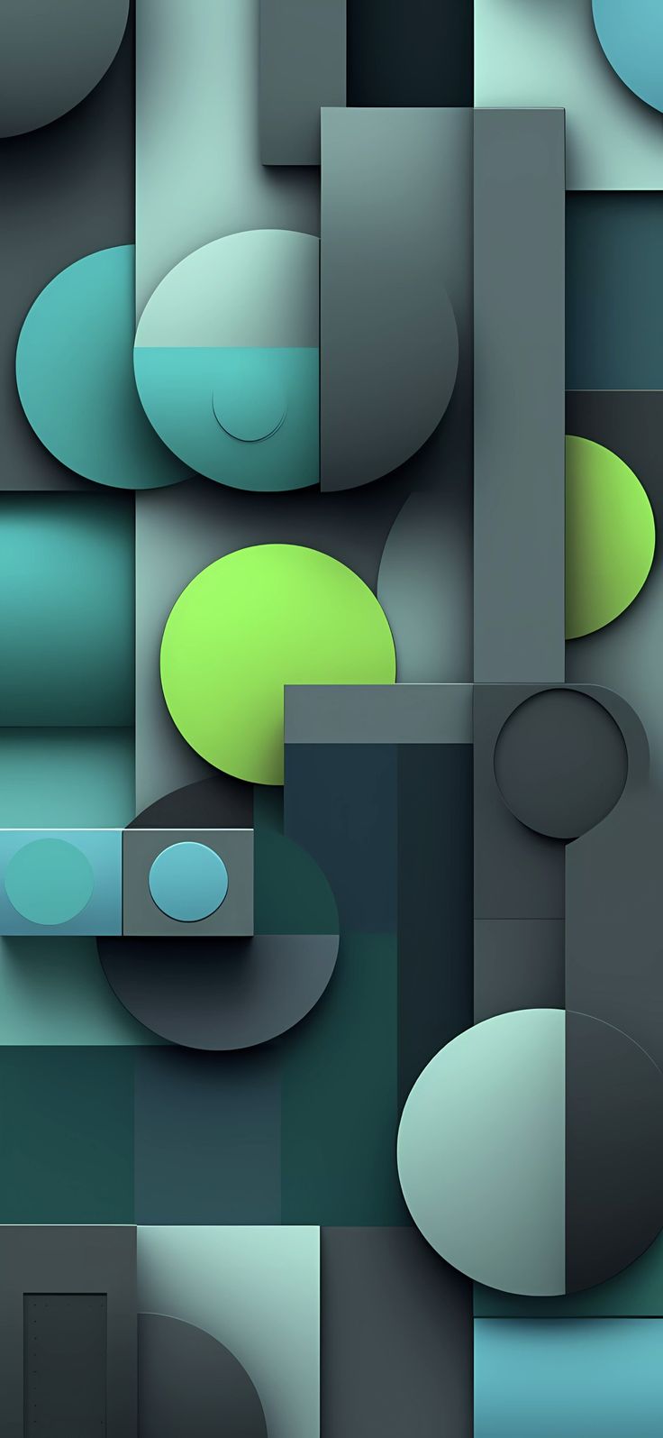 an abstract painting with green and blue shapes on it's sides, including circles