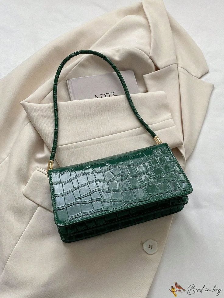 BirdinBag - Stylish Crocodile Pattern Flap Bag in Dark Green with Embossed Letter Graphics - PU Material Rectangular Shoulder Bag With Crocodile Pattern, Rectangular Crocodile Pattern Shoulder Bag, Travel Square Shoulder Bag With Crocodile Pattern, Square Crocodile Pattern Shoulder Bag For Travel, Green Crocodile Pattern Satchel For Daily Use, Green Crocodile Pattern Shoulder Bag, Green Crocodile Pattern Handheld Shoulder Bag, Green Crocodile Pattern Shoulder Bag For Everyday Use, Green Crocodile Pattern Shoulder Satchel