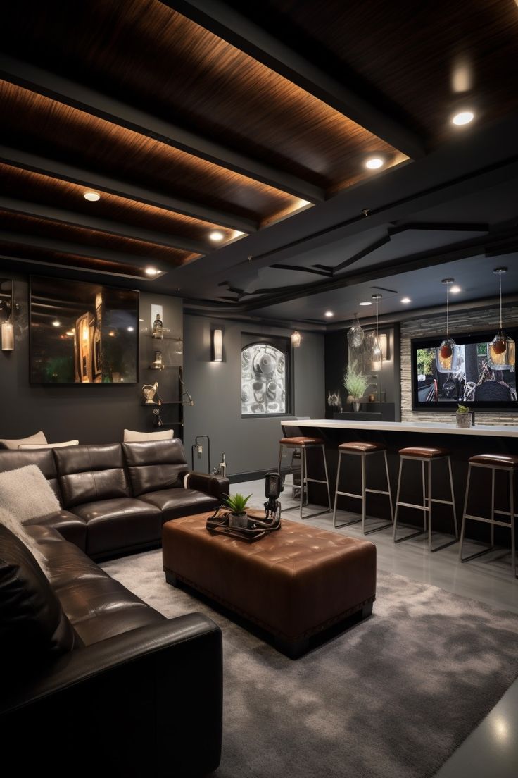 a living room filled with furniture and a bar in the middle of it's walls