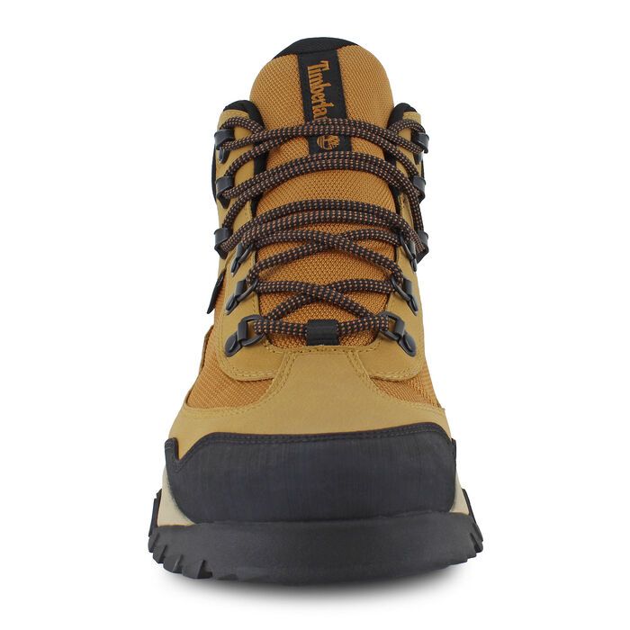 a yellow and black shoe with laces on the outstretche, side view