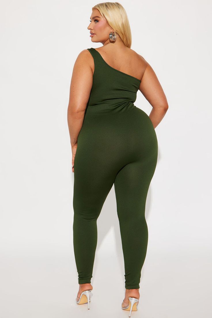 Available In Olive And Chocolate. Seamless Jumpsuit One Shoulder Sleeveless Legging Stretch 92% Polyester 8% Spandex Imported | Sienna Seamless Jumpsuit in Olive Green size 2X/3X by Fashion Nova Solid Stretch One-shoulder Jumpsuit, Green Sleeveless Bodysuit For Loungewear, Jumpsuit One Shoulder, Seamless Jumpsuit, Olive Fashion, Jeans Jumpsuit, Personal Marketing, Matching Dresses, Matching Sets