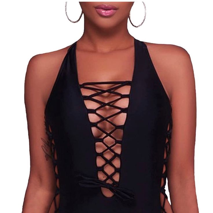 Brand New With Tags Holipick Women Sexy One Piece Swimsuits Plunge V Neck Bathing Suits Lace Up Monokini Strappy Cutout Swimwear Color Black Size S Black Backless One-piece For Beach Season, Backless Tankini For Beach Season Party, Summer Party Tankini With V-neck, Summer V-neck Party Tankini, Fitted V-neck Swimwear With Cutout, Fitted V-neck Cutout Swimwear, Backless Beachwear Tankini For Party, Black Halter Neck One-piece For Summer, Black Halter Neck Bodysuit For Summer