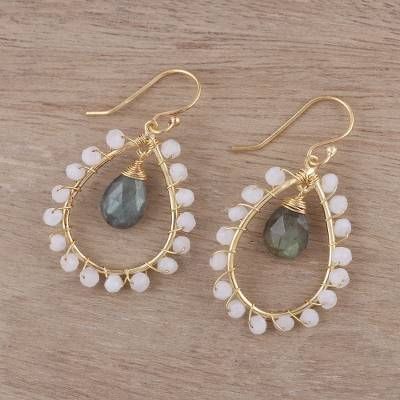 Gold Plated Labradorite and Rainbow Moonstone Earrings - Majestic Bliss | NOVICA Beaded Hoop Earrings Native American, Leather Bead Bracelet, Diy Wire Jewelry Rings, Teacher Art, Fantasy Outfits, Wire Jewelry Rings, Beaded Jewelry Earrings, Earrings Native American, Beaded Earrings Tutorials