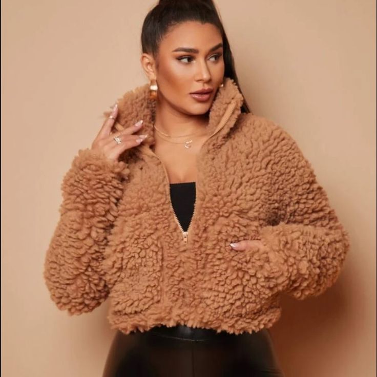 Khaki Crop Winter Jacket Teddy Pocket Long Sleeve High Neck Shearling Material 100% Polyester Non Stretch Casual Fluffy Fur Coat For Fall, Long Sleeve Fur Coat With Zipper For Fall, Winter Long Sleeve Fur Coat With Zipper, Trendy Fluffy Outerwear For Fall, Faux Fur Outerwear With Zipper Closure, Faux Fur Outerwear With Zipper Closure And Long Sleeves, Faux Fur Outerwear With Zipper, Fall Fur Coat With Zipper Closure For Cold Weather, Cozy Fluffy Long Sleeve Outerwear