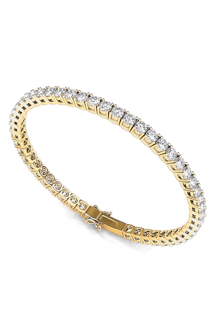 Embellish any ensemble with this 14-karat-gold tennis bracelet brightened by lab-created diamonds. Style Name:Hautecarat 4-Prong 3Ct Lab Created Diamond 14K Gold Tennis Bracelet. Style Number: 6280948. Gold Tennis Bracelet, Custom Jewellery, Luxe Jewelry, Diamond Tennis Bracelet, Golden Ring, Diamond Guide, Womens Jewelry, Bracelet Style, D F