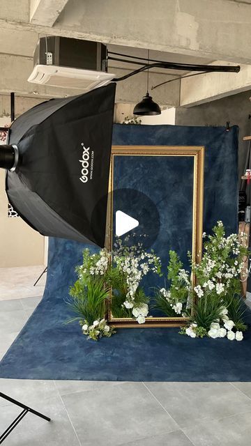 a photo shoot with an umbrella in front of a blue backdrop and flowers on the floor