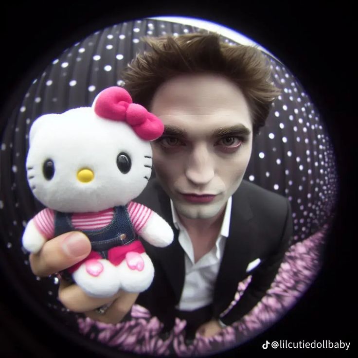 a man holding a hello kitty doll in his hand