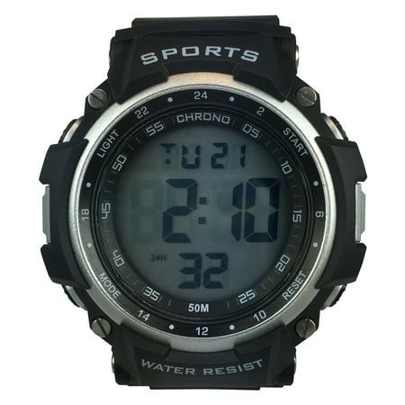 This men's adult sized digital watch is perfect for your outdoor activities with water resistancy up to 30 meters. It features a stop watch, a daily alarm, and a colored back light for easy reading in the dark. It also boasts a rugged design with a silver accent bezel. The overall length of the watch 10.04 inches x 2.01 inches wide x .63 inches high. Color: Black.  Gender: male. Black Casual Digital Watch For Outdoor Activities, Casual Black Sports Watch Accessories, Casual Digital Watches For Outdoor Activities, Casual Digital Display Watches For Outdoor Activities, Casual Digital Display Watches For Outdoors, Black Outdoor Watches With 10atm Water Resistance, Functional Black Sports Watch, Casual Outdoor Watch With Stopwatch, Casual Durable Digital Watch For Sports