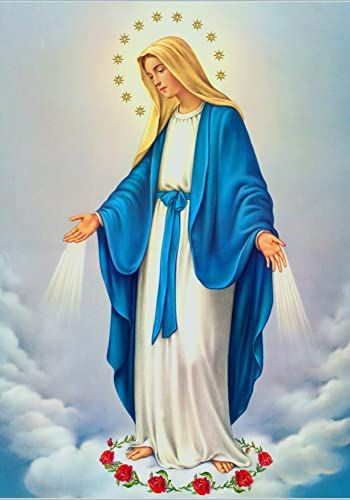 the immaculate mary in blue and white with stars on her chest, standing above clouds