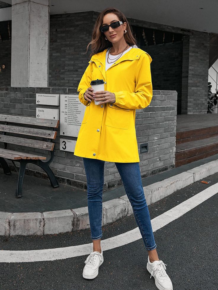 F00077169-203 Solid Long Coat For Outdoor, Long Sleeve Parka With Adjustable Hood For Rainy Weather, Long Windbreaker Coat For Fall Outdoor, Raincoat For Rainy Weather With Long Sleeves, Long Fall Windbreaker For Outdoor, Waterproof Long Sleeve Raincoat For Rainy Season, Casual Hooded Raincoat For Rainy Season, Solid Long Sleeve Raincoat For Rainy Weather, Yellow Weatherproof Windbreaker For Outdoor