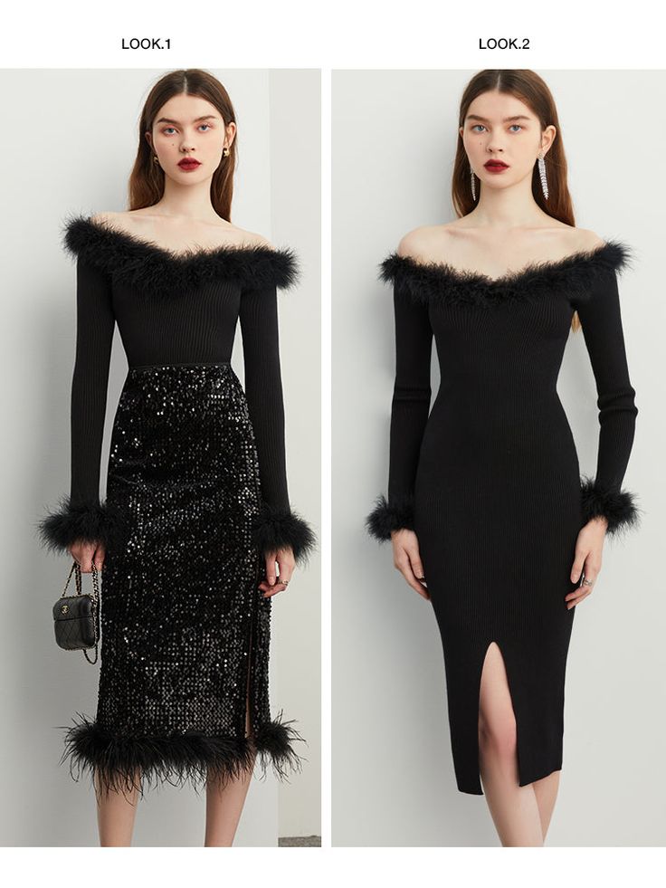 Dare to flaunt your femininity in this timeless autumn dress. Off-shoulder design and black feather embellishments add a unique elegance, while its classic silhouette ensures you stay sexy. Step out and make a statement this fall. Shine on! Perfect for holiday party, date night and night out . Feather Top Dress, Feather Top, Feather Tops, Autumn Dress, Black Feathers, Shine On, Shoulder Design, Classic Silhouette, Top Dress