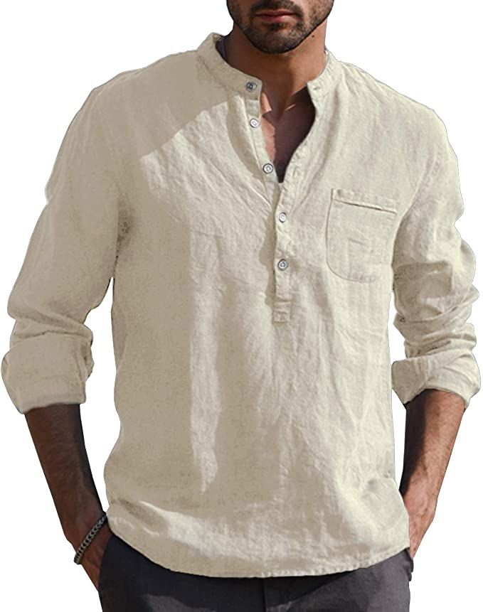 URRU Men's Linen Cotton Henley Shirt Roll-up Long Sleeve Basic Summer Shirt Band Collar Plain Yoga Tops Blouse Tee S-XXL at Amazon Men’s Clothing store Mens Linen Shirts Summer, Linen Shirt Men, Spring Shirts, Camisa Polo, Beach Shirts, Look Casual, Henley Shirts, Summer Shirts, Casual Shirts For Men