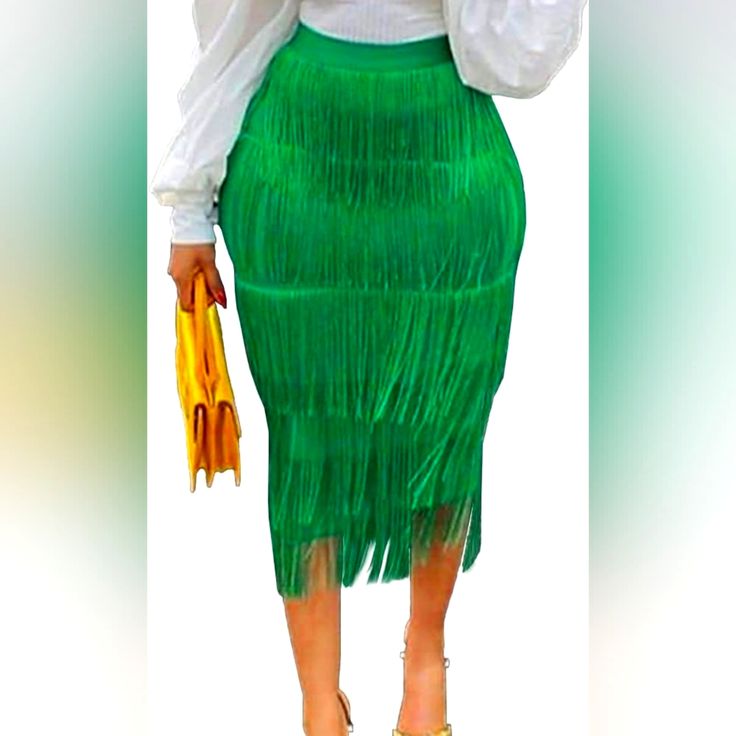 This Item Is A Final Sale. No Returns, Refunds, Or Exchanges Allowed. Absolutely, No Exceptions Will Be Made. All Other Items Pictured Are Priced And Sold Separately. Fitted Fringe Skirt For Party Season, Fitted Fringe Bottoms For Party Season, Fitted Green Mini Skirt For Evening, Elegant Green Mini Skirt For Night Out, Green Fitted Party Bottoms, Green Fitted Bottoms For Party, Fitted Green Bottoms For Party, Fringe Pencil Skirt For Party, Party Pencil Skirt With Fringe