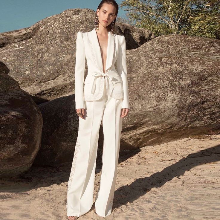 White Pantsuit, Evening Suit, High Waisted Flare Pants, White Wide Leg Pants, Dress For, Wide Leg Pant Suit, Suit White, Mid Waist Pants, Lace Blazer