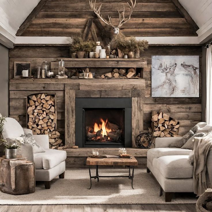 a living room filled with furniture and a fire place in the middle of a room