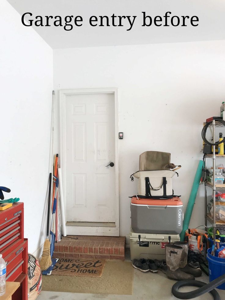 a garage entry before and after with the door open to reveal an area for storage