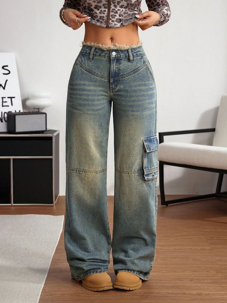 Women's Casual Washed Loose Flared Frayed Hem Jeans, Autumn New Distressed Washed Work Bag Denim Trousers Blue Casual   Denim Plain,All Over Print Straight Leg Non-Stretch  Women Clothing, size features are:Bust: ,Length: ,Sleeve Length: Sheer Leggings, Striped Knitwear, Boys Fall Outfits, Thermal Tights, Frayed Hem Jeans, Hem Jeans, High Waisted Shorts Denim, Women Denim Jeans, Denim Trousers