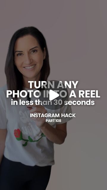 a woman in white shirt and black leggings pointing at the camera with text that reads, turn any photo into a reel in less than 30 seconds